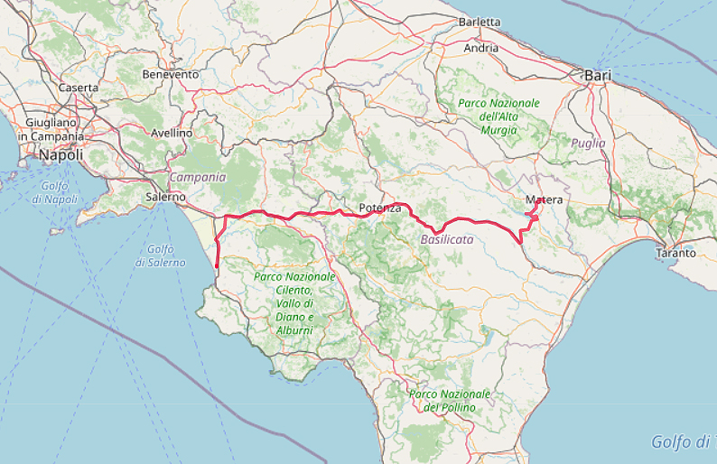 Carte OpenStreetMap de notre route de Paestum à Matera