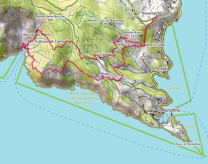 Carte OpenTopoMap de San Fruttoso et Portofino