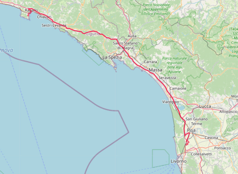 Carte OpenStreetMap de la route de Portofino à Pise