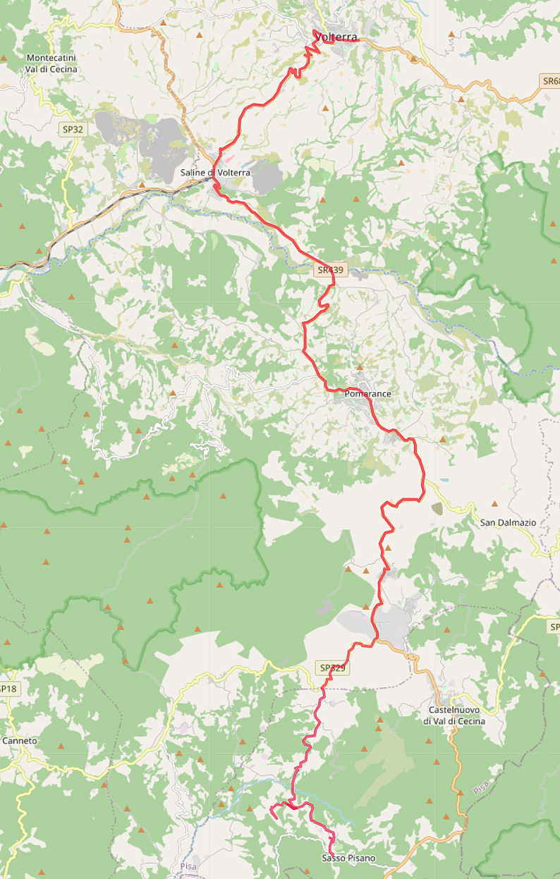 Carte OpenStreetMap de notre route entre Sasso Pisano et Volterra