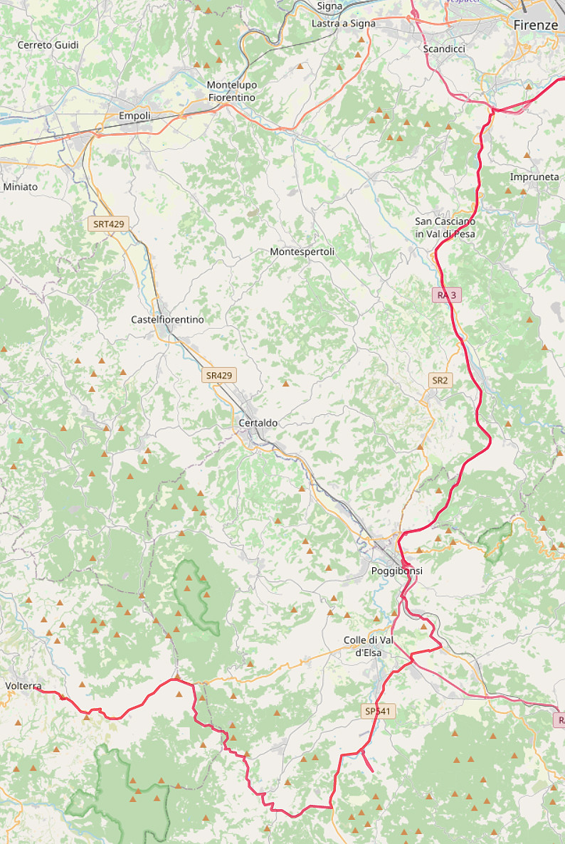 Carte OpenStreetMap de notre route entre Volterra et Florence