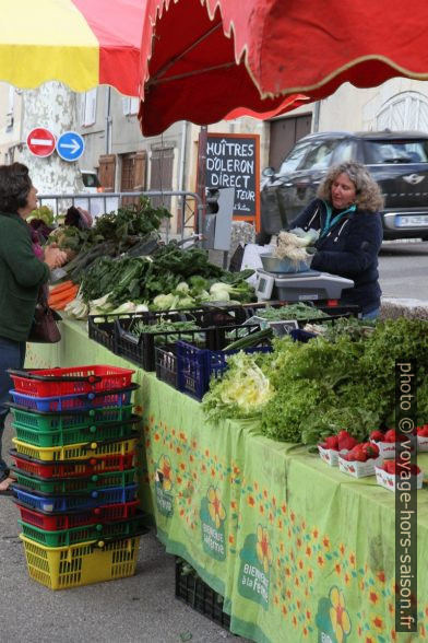 Vendeuse de fruits et légumes au marché de Valbonne. Photo © Alex Medwedeff
