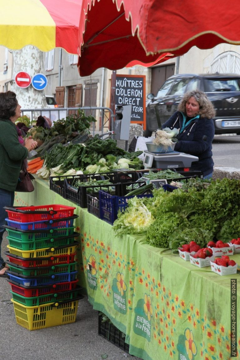 Vendeuse de fruits et légumes au marché de Valbonne. Photo © Alex Medwedeff