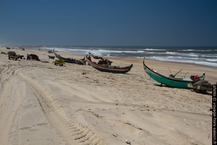 Trois bateaux de pêche xávega à la Praia de Mira. Photo © Alex Medwedeff