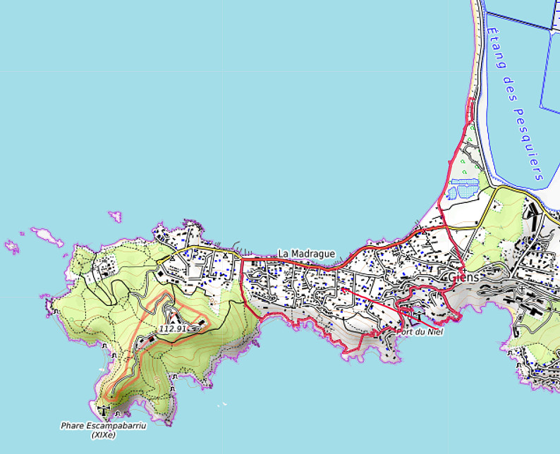 Carte OpenTopoMap du centre de la Presqu'Île de Giens
