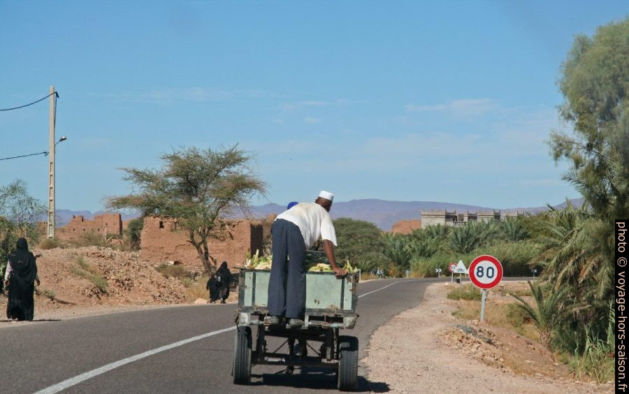 Chariot tiré par un âne sur une route principale au Maroc. Photo © André M. Winter