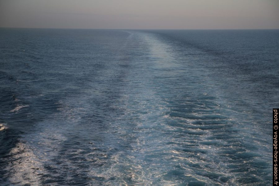 Sillage lointain du ferry Moby Wonder. Photo © Alex Medwedeff