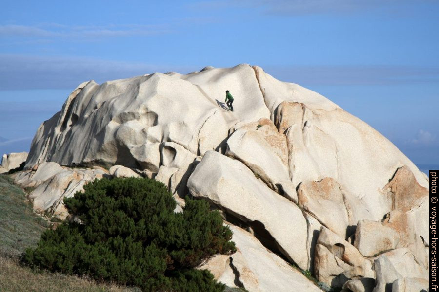Nicolas grimpe sur un grand rocher de granit. Photo © Alex Medwedeff