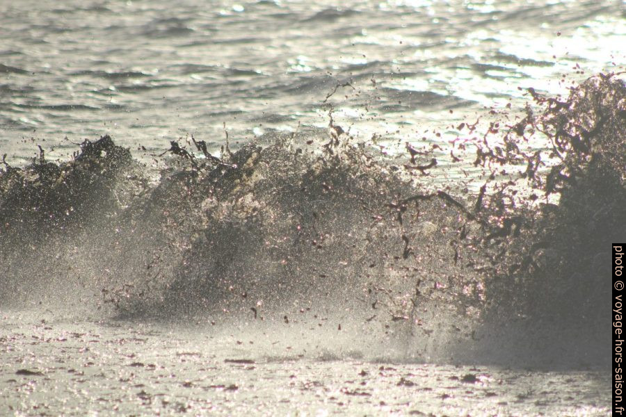 Une vague hache les herbes de posidonie mortes. Photo © André M. Winter