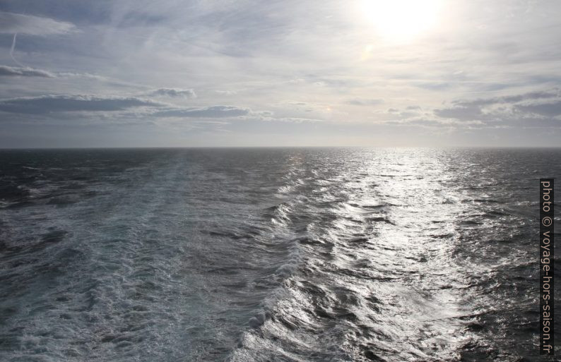 Sillage lointain du ferry Moby Aki. Photo © Alex Medwedeff