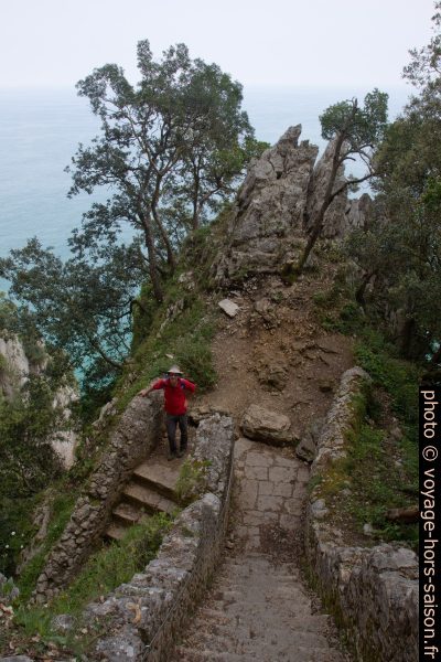 André en descente sur l'escalier de la Punta del Caballo. Photo © Alex Medwedeff