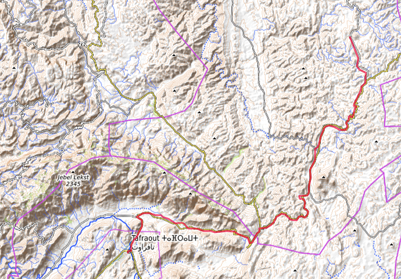 Carte OpenTopoMap de la route de Tafraoute à l'agadir de Tasguent