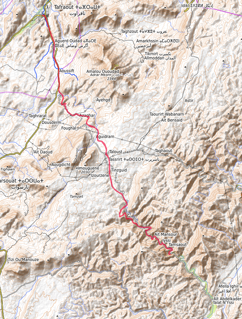 Carte OpenTopoMap de la route de Tafraoute aux Gorges d'Aït Mansour