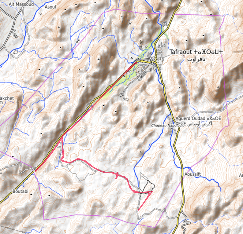 Carte OpenTopoMap de la route de Tafraoute aux Rochers Peints