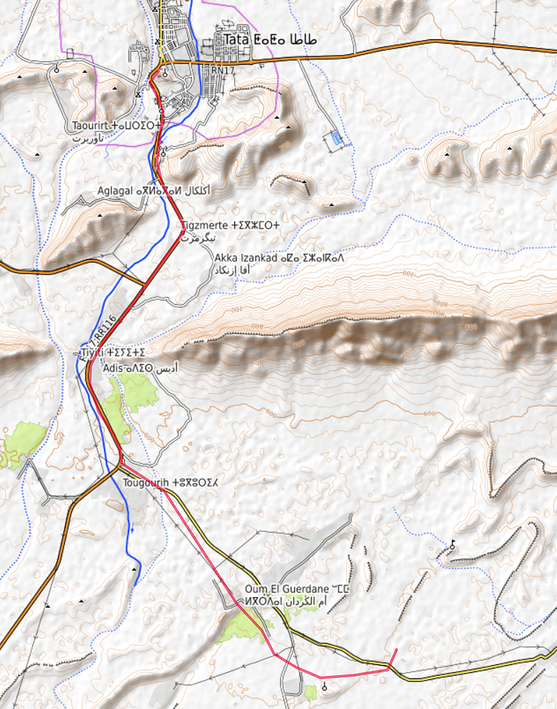 Carte OpenTopoMap de la route entre Tata et la piste d'El Ayoun