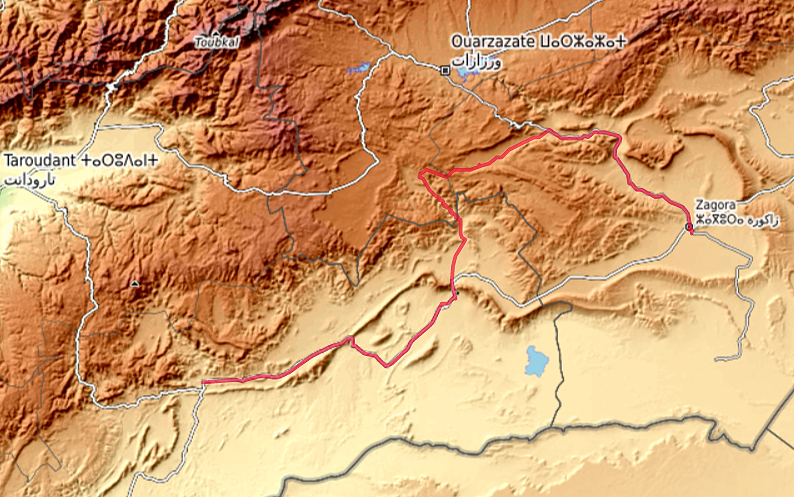Carte OpenTopoMap de notre route entre Tata et Zagora