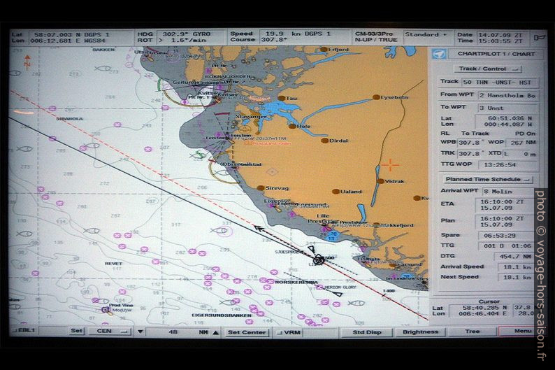 Logiciel de navigation Chartpilot avec notre position au sud de Norvège. Photo © André M. Winter