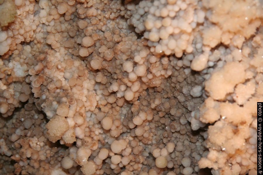 Concrétions calcaires en choux fleur excentriques sur les parois de la Grotte de Toirano. Photo © André M. Winter