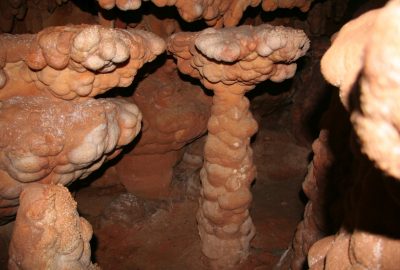 Stalagmites couvertes de concrétions additionnelles dans la Grotte de Toirano. Photo © André M. Winter