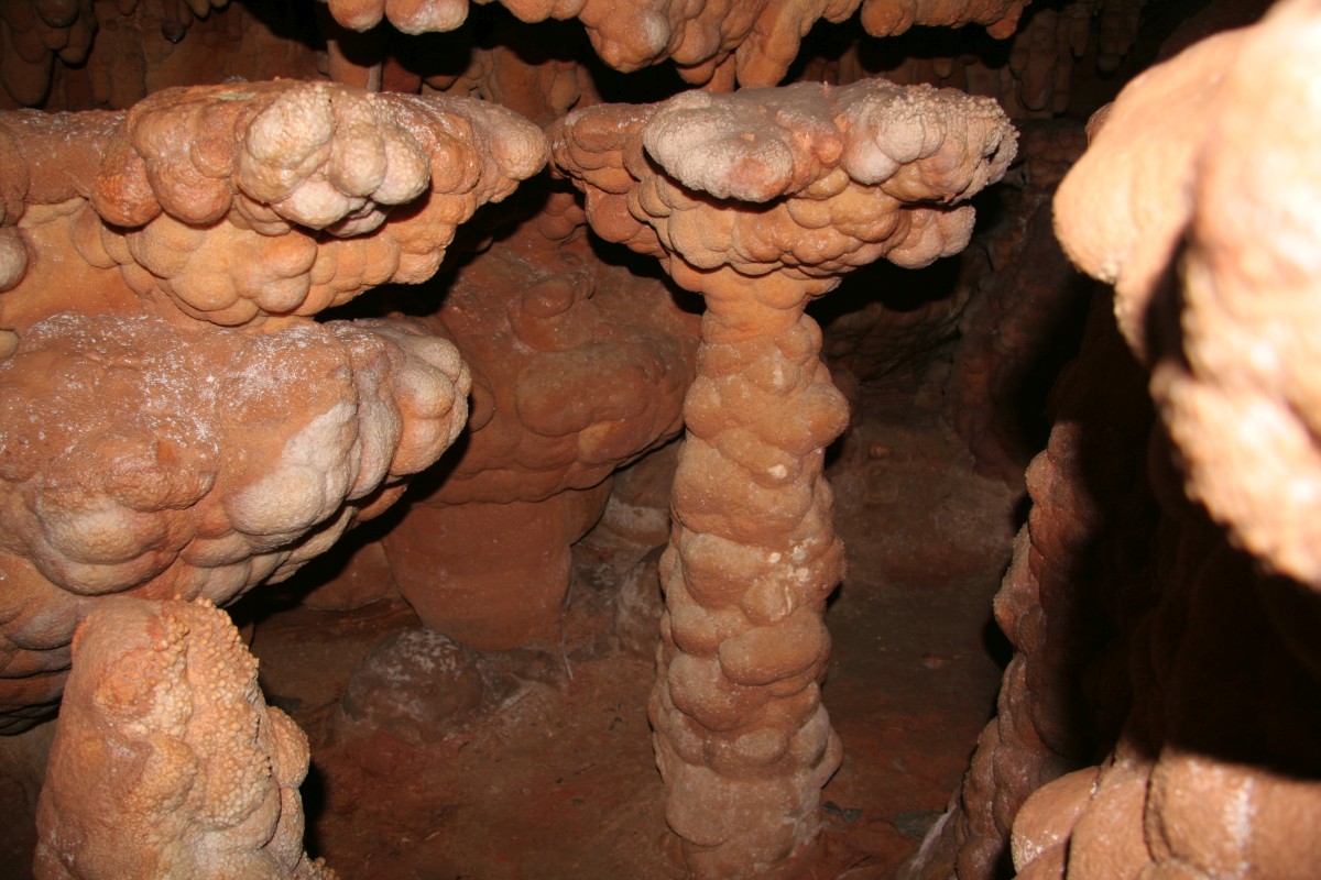 Stalagmites couvertes de concrétions additionnelles dans la Grotte de Toirano. Photo © André M. Winter