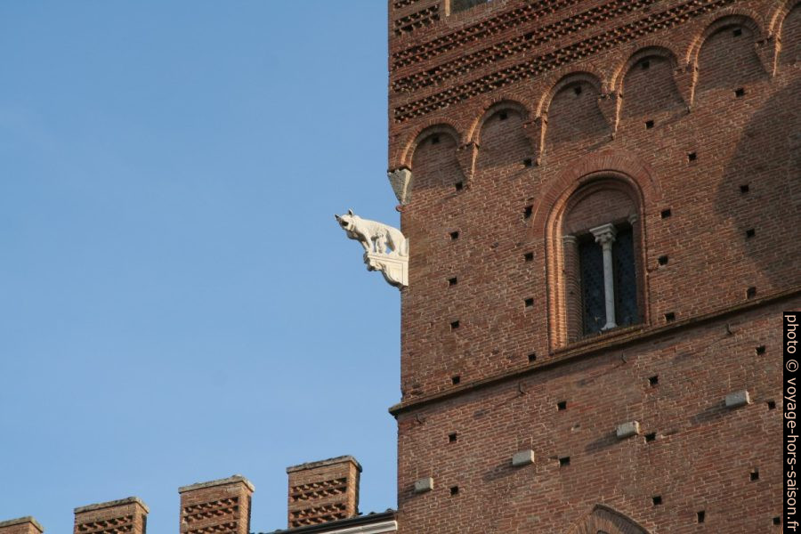 Une figure de louve allaitante forme une gargouille de la Torre del Mangia. Photo © André M. Winter