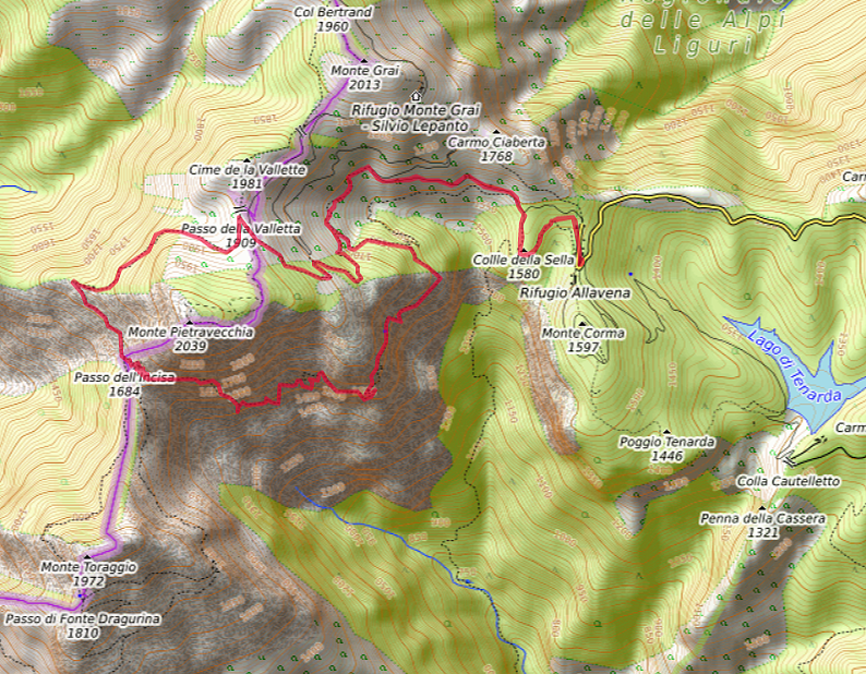 Carte OpenTopoMap entre Colle Melosa et la frontière