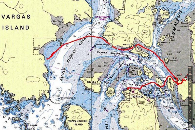 Tracé GPS de notre navigation entre Tofino, Maeres et Vargas Island. Carte par Martin Galanda et Peter Sykora