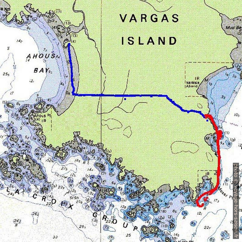 Tracé GPS de notre traversée de Vargas Island à pied. Carte par Martin Galanda et Peter Sykora.