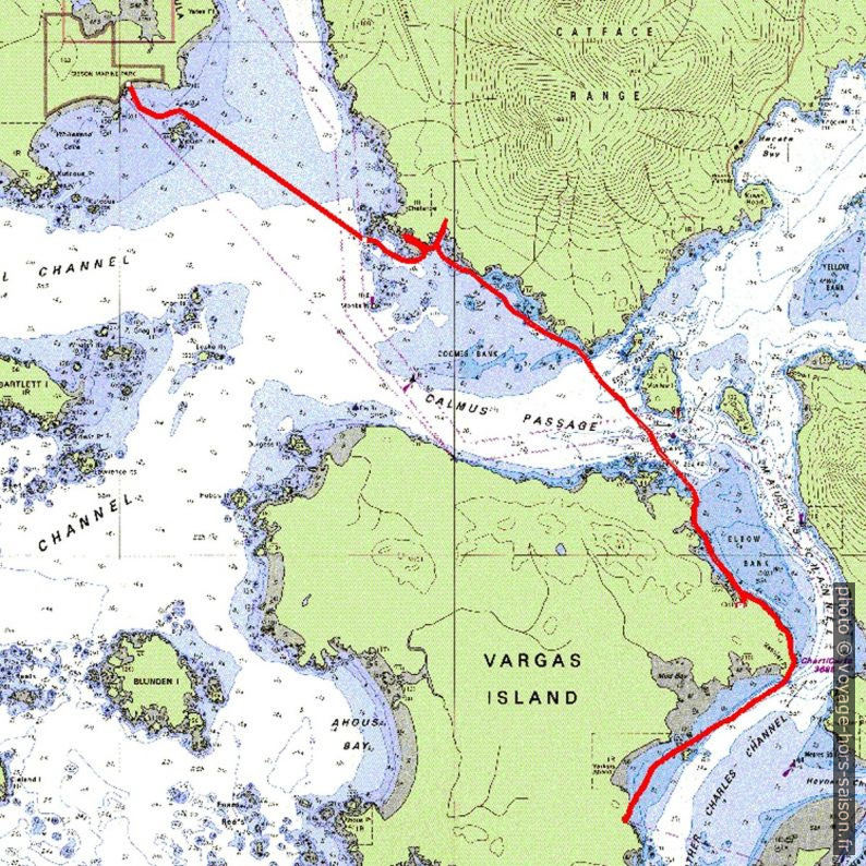 Tracé GPS de notre traversée de Vargas Island à Flores Island. Carte par Martin Galanda et Peter Sykora.
