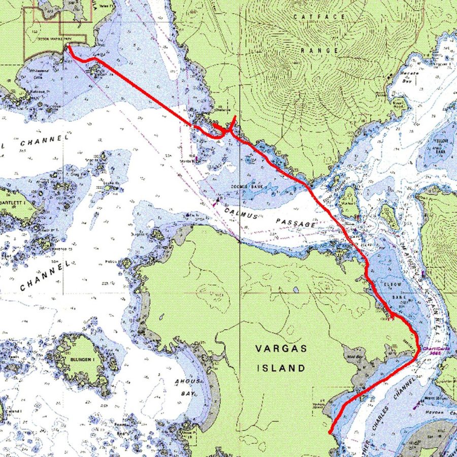 Tracé GPS de notre traversée de Vargas Island à Flores Island. Carte par Martin Galanda et Peter Sykora.