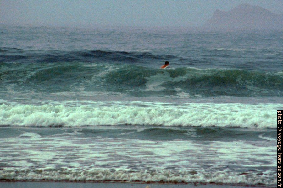 Peter surfe avec un morceau de polystyrène dans l'Océan Pacifique. Photo © André M. Winter