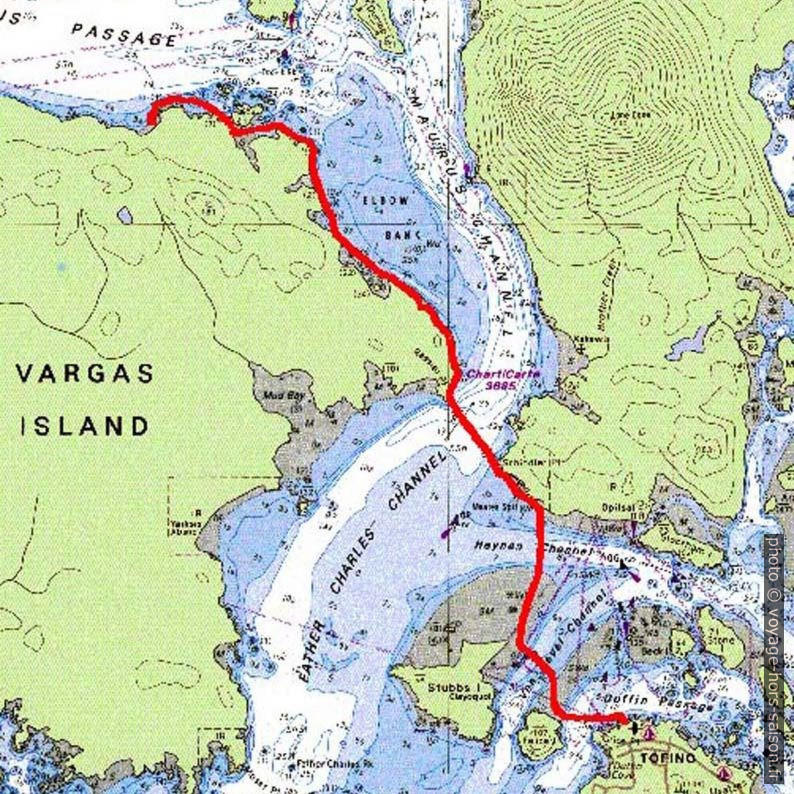 Tracé GPS de notre traversée de Vargas Island nord à Tofino. Carte par Martin Galanda et Peter Sykora