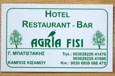 Carte de visite de l'hôtel Agria Fisi. Photo © André M. Winter