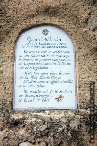 Message aux pèlerins de la Chapelle Notre-Dame de Beauvoir à Moustiers. Photo © André M. Winter