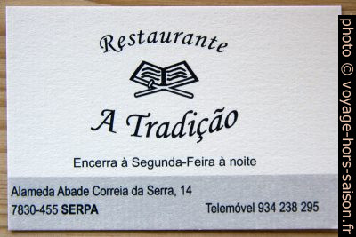 Carte de visite du Restaurante A Tradição. Photo © André M. Winter