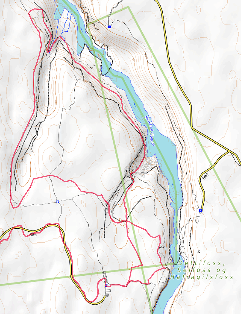 Carte OpenTopoMap randonnée entre Dettifoss et Hafragilsfoss