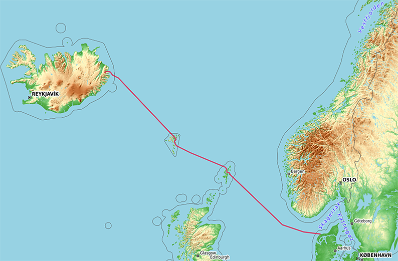 Carte OpenTopoMap Hanstholm - Seyðisfjörður