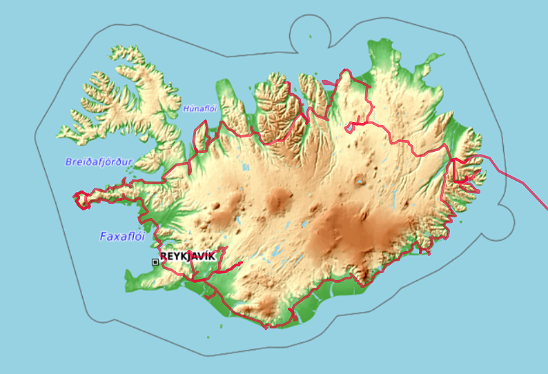 Carte OpenTopoMap de notre tour d'Islande en 2009