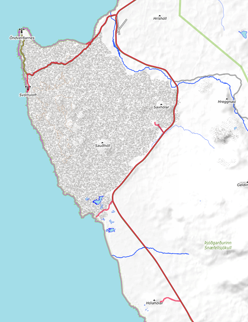 Carte OpenTopoMap du nord-ouest de Snæfellsnes