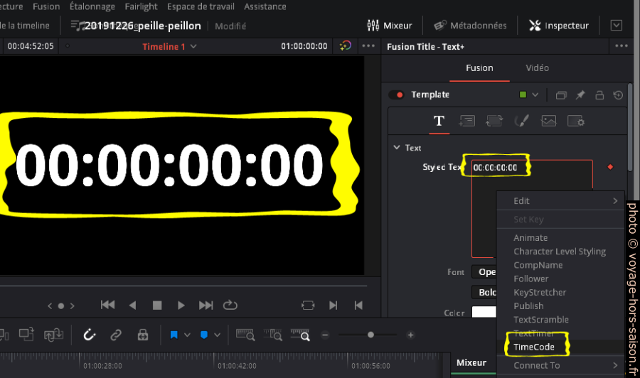 Timecode affiché dans un effet Text+. Photo © André M. Winter