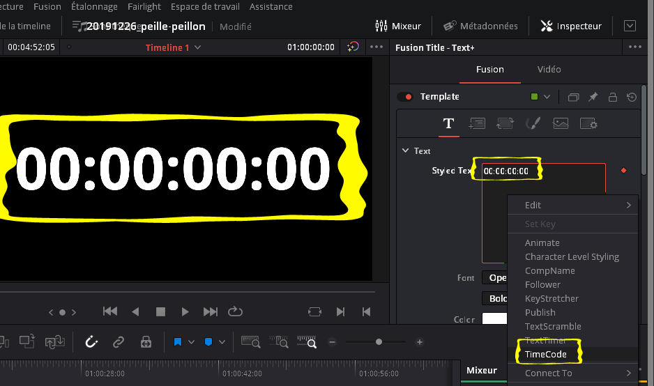 Timecode affiché dans un module Text+. Photo © André M. Winter