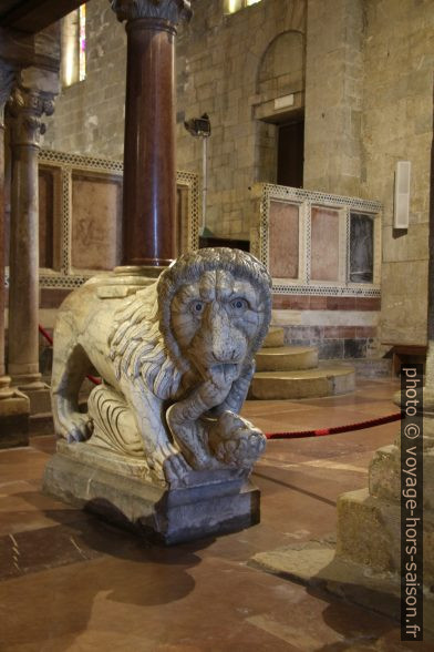 Lion droit sous la chaire de marbre de la cathédrale de Barga. Photo © André M. Winter