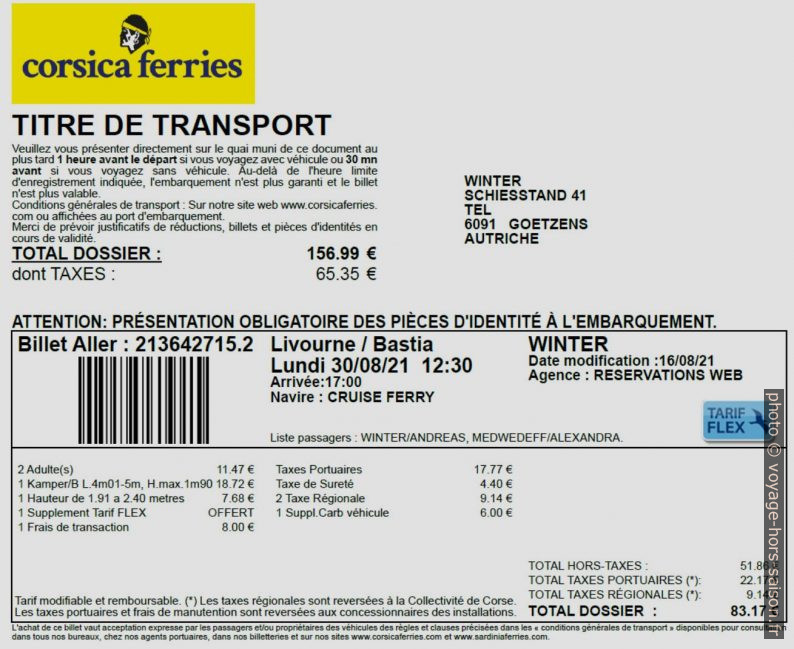 Ticket Tarif Flex de Corsica Ferries. Photo © André M. Winter