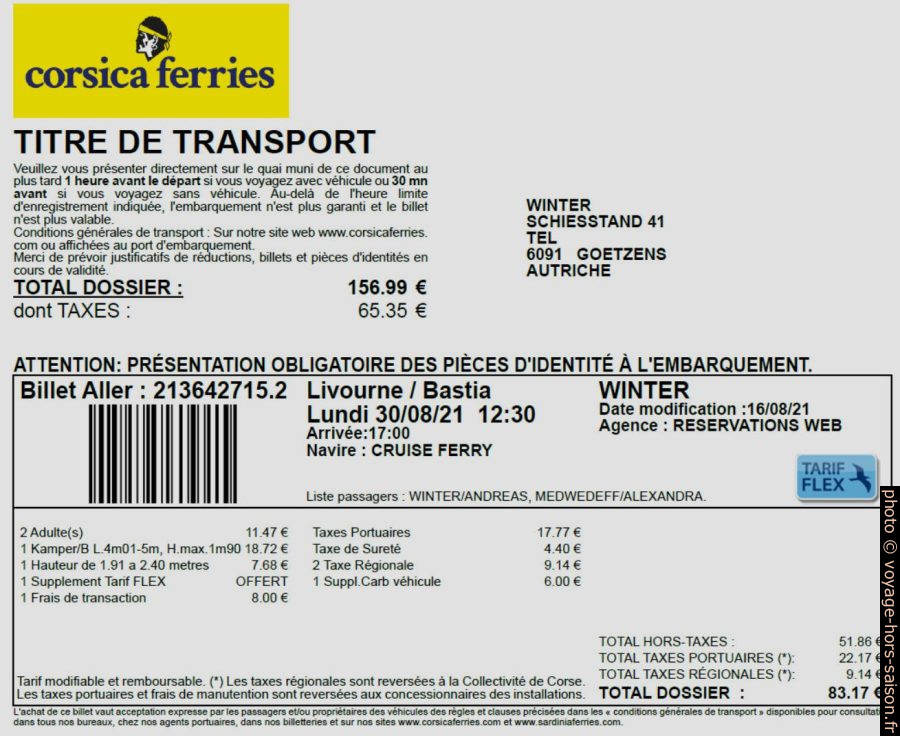 Ticket Tarif Flex de Corsica Ferries. Photo © André M. Winter