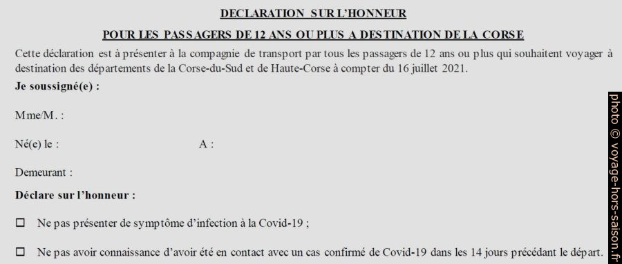 Déclaration sur l'honneur d'être sans symptômes Covid-19 en entrant en Corse. Photo © André M. Winter