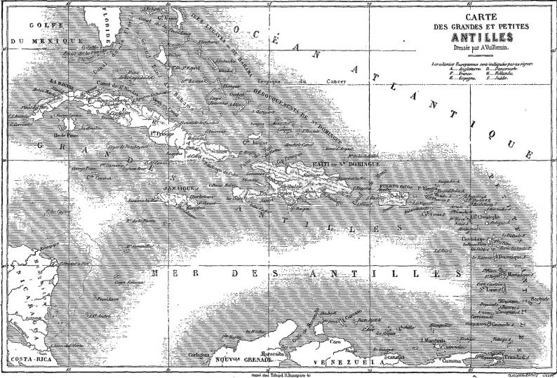 Carte des grandes et petites Antilles. Dessinée par A. Vuillemin, Gravé chez Erhard R. Bonaparte