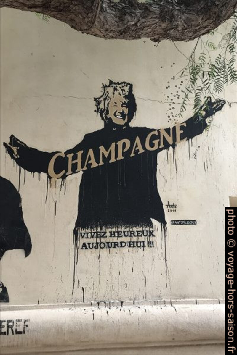 Graffiti «Champagne, Vivez heureux aujourd'hui» par Anto. Photo © Alex Medwedeff