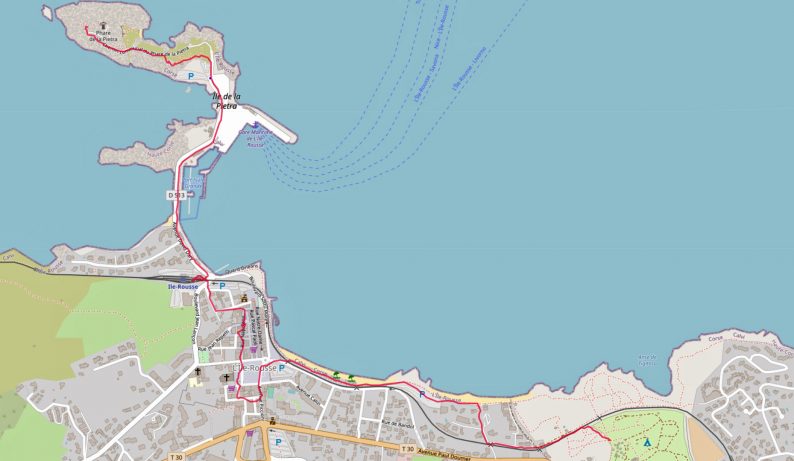Carte OpenStreetMap de l'Île Rousse avec tracé GPS. Photo © André M. Winter