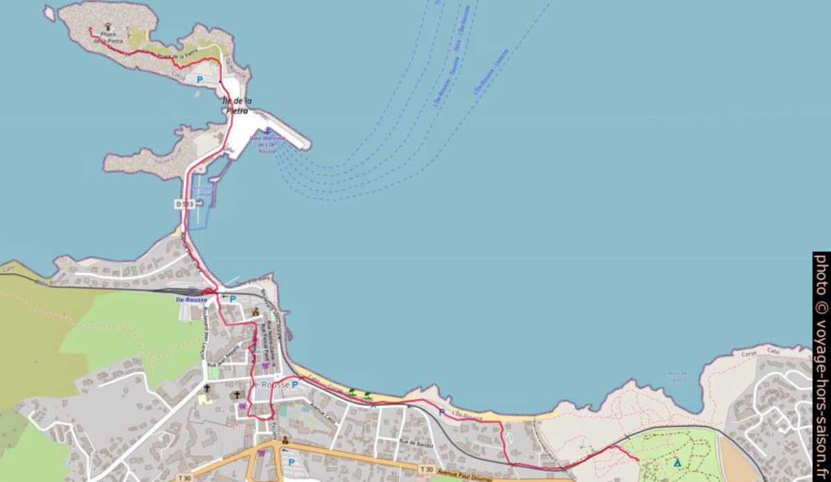 Carte OpenStreetMap de l'Île Rousse avec tracé GPS. Photo © André M. Winter