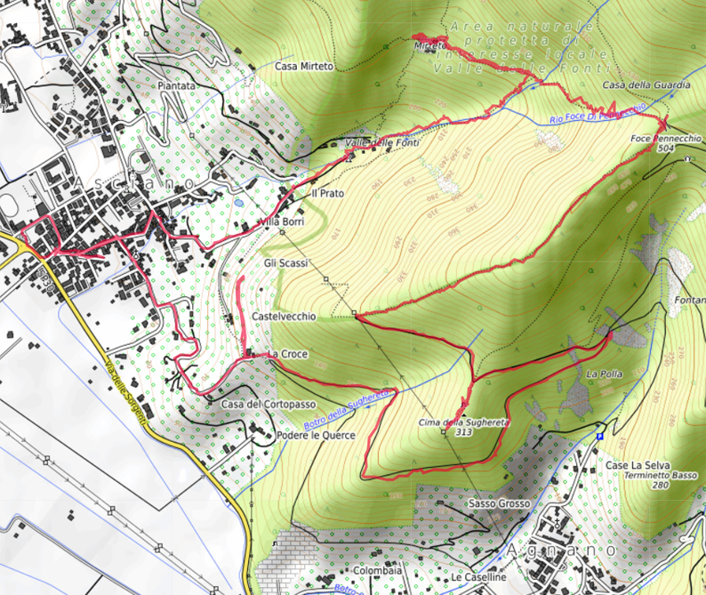 Carte OpenTopoMap d'Asciano avec notre tracé GPX